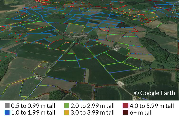 Hedgerow map overlaid on the Lincolnshire landscape. Release date  January 30 2024. See SWNS story SWLNhedges. A new high tech map of England's hedgerows have revealed they are now long enough to go round the world - ten times. The laser scanning shows a total of 390,000 km of hedgerows (one to six metres tall) in the country. Hedgerows contain hundreds of plant species, provide homes for nesting birds, small mammals and insects, and capture and store large amounts of carbon. Ecologists and scientists from the UK Centre for Ecology & Hydrology hedgrow hope the new map will guide planting and restoration of the vulnerable habitats.