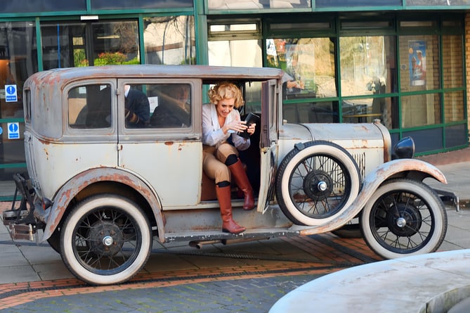 Catherine Tyldesley exiting Vintage car at New Victoria Theatre Woking
