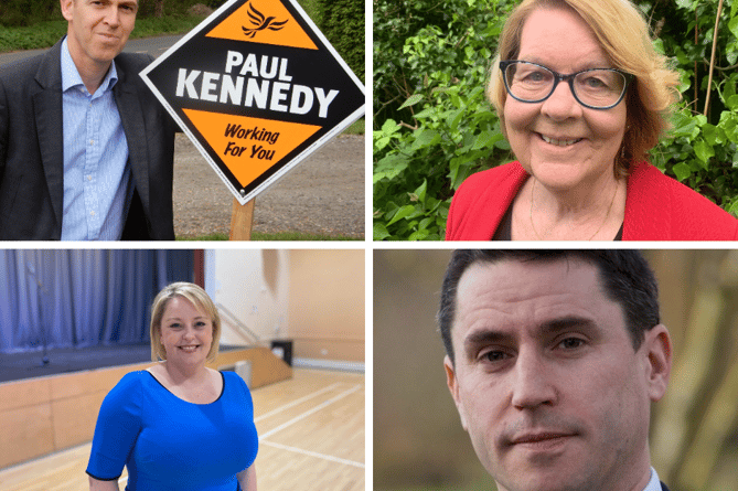 Surrey's four 2024 Police and Crime Commissioner candidates, clockwise from top left: Paul Kennedy (Lib Dem), Kate Chinn (Labour), Alex Coley (Independent), Lisa Townsend (Conservative)