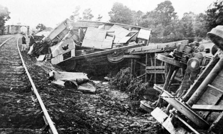 Wreckage of a train smash in 1873 between Guildford and Godalming. Three people died after a bullock strayed onto the tracks at the Peasmarsh/Artington junction.