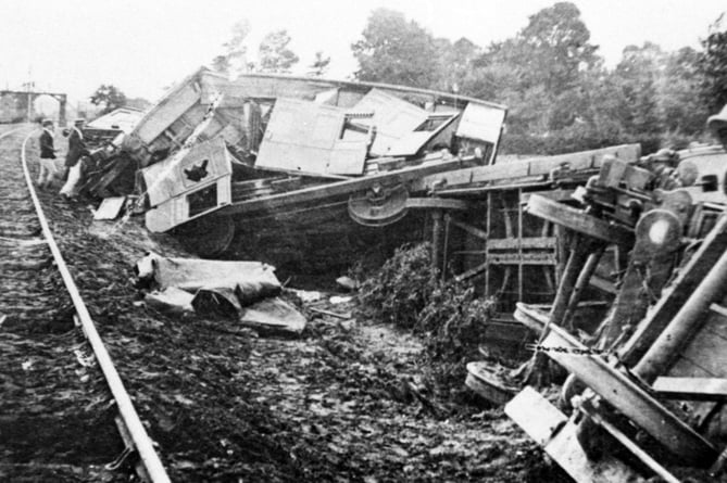 Wreckage of a train smash in 1873 between Guildford and Godalming. Three people died after a bullock strayed onto the tracks at the Peasmarsh/Artington junction.