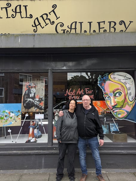 Tanya outside Capital Art Gallery in London with owner Karl Sproat