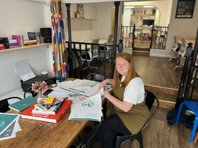 Emma Stokes at her newly opened Studio Simple office in Haslemere, designing the new logo for This is Haslemere