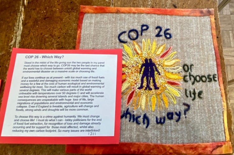 A textile panel about COP26 and where the world is going in addressing environmental issues