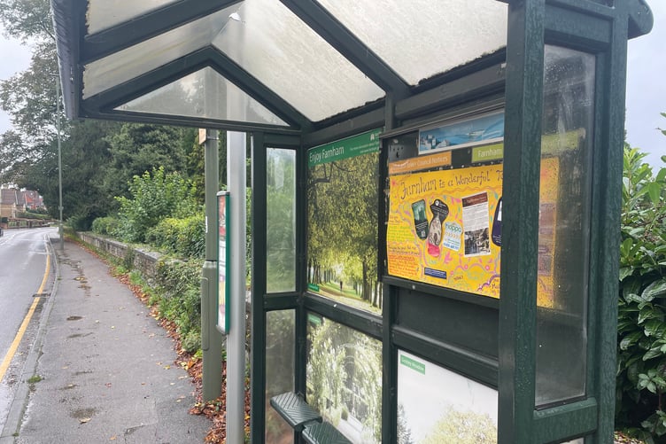"Farnham is a wonderful town" by Hetty at bus stop outside West Street cemetery