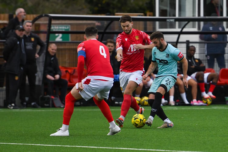 Sam De St Croix in action during Farnham Town's 5-0 win at Uxbridge