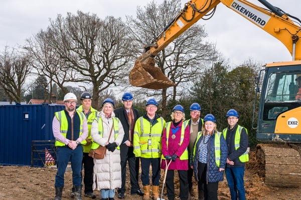 Left to right: Guy Thomas, construction manager, Stuart Ahrens, contracts Manager, Cllr Janet Crowe, Cllr Paul Follows, Mark Constable, housing development officer/project manager for Chiddingfold scheme, Cllr Penny Rivers, Cllr Paul Rivers, Louisa Blundell, housing development manager, and Cllr David Busby
