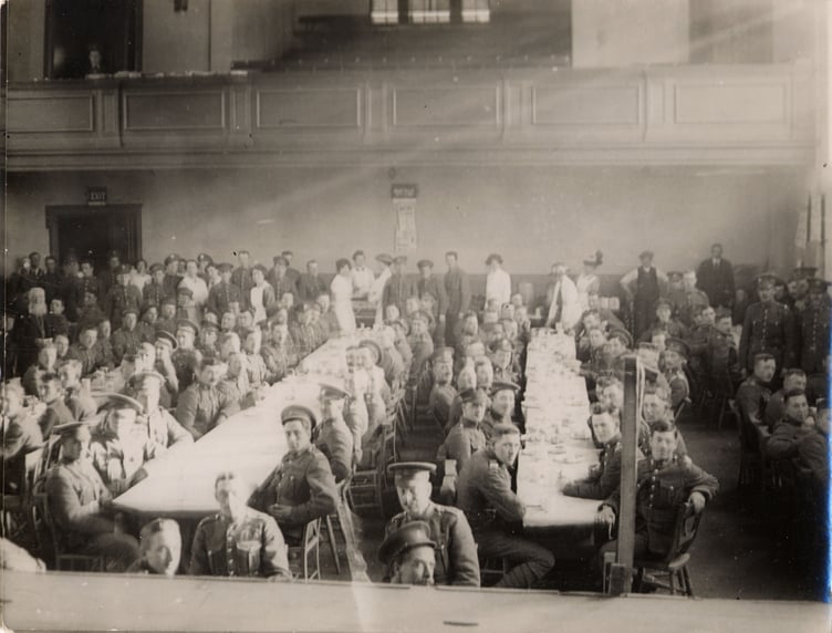 Haslemere Hall in 1915 where Edith was on the committee with the Bedfordshire Regiment enjoying cinema and tea