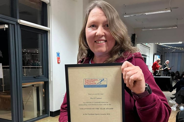 Chairman Nicola O'Connor with her Farnham Sports Council award