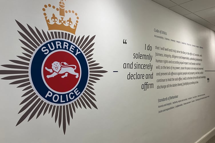 Surrey Police ethics print on wall at Mount Browne HQ. 