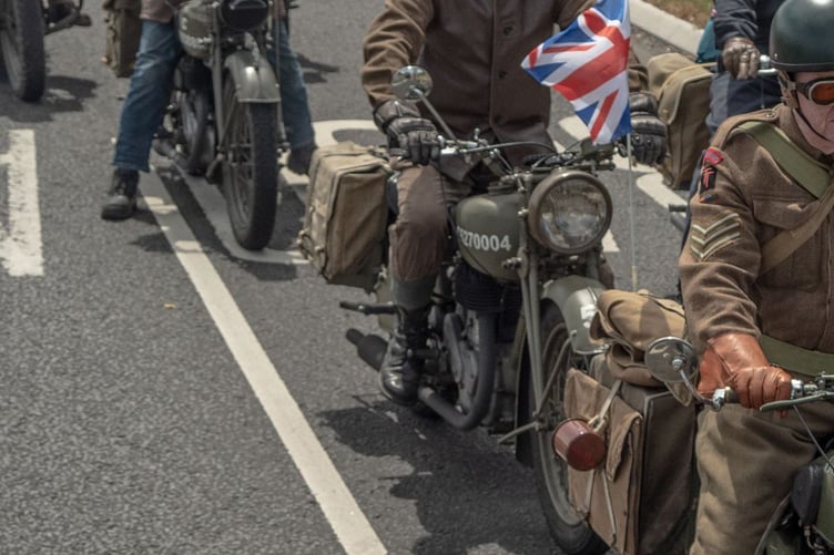 Military motorbikes on the Commemorative Convoy parade through Hampshire.