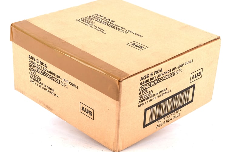 Factory case pack of brand new and sealed Game Boy Advance SP 'Rip Curl' edition consoles
