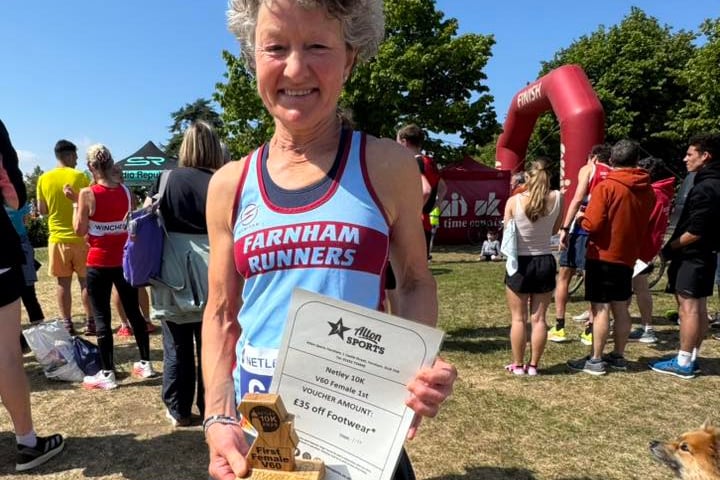 Linda Tyler with her Netley 10km prize and trophy