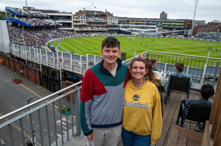 Ollie Carter with girlfriend Freya Hatter. At Oval Mansions, whoâs residents have access to the balcony overlooking The Oval cricket ground, London, 3rd June 2025 . A flat overlooking The Oval which boasts some of the finest views in English cricket is up for sale for £400,000.The plush properties at Oval Mansions in south London - some of which sell for nearly £1m - are the most coveted in the sporting world due to the building's stunning roof terrace.Tenants are able to invite friends up to watch matches, though limitations are sometimes enforced for the highest-profile games. During the Ashes series between England and Australia, spots on the terrace are so highly sought after that plus ones are limited to just one per flat, with management regularly having to eject those who manage to sneak in.