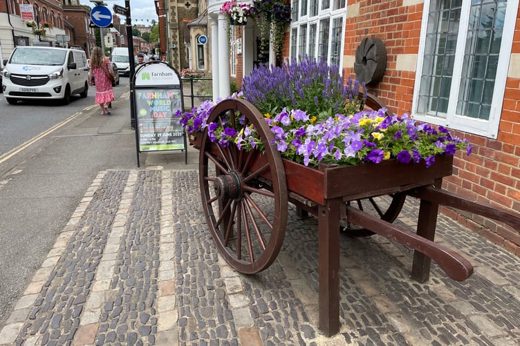 A floral display outside Farnham Town Council offices.