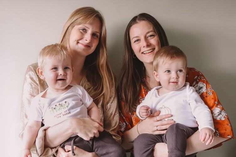 Sisters Sophie Pierce and Gemma Grout with the inspirations for their business Theodore and Alfie.