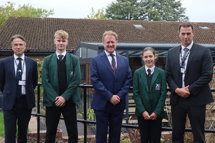 Greg Stafford MP with Head Students Lauren B and Alex F-A during his visit to Bohunt School in Liphook