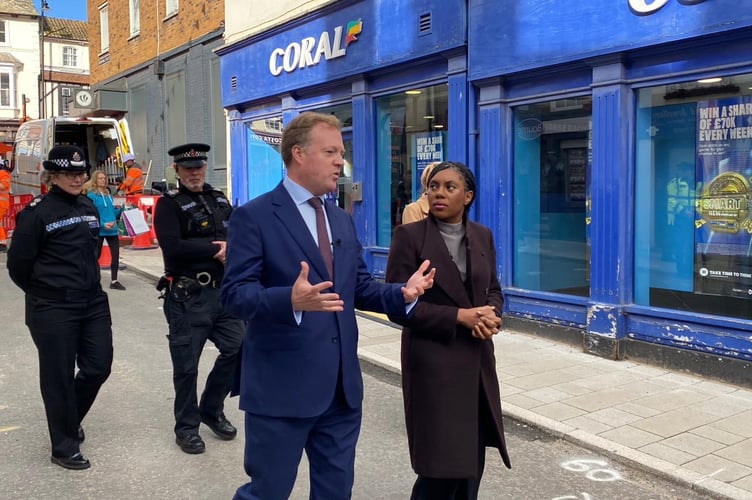 Tory leader Kemi Badenoch with local MP Greg Stafford on Farnham's Downing Street.
