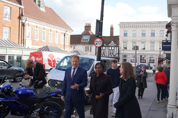 Conservative leader Kemi Badenoch on Farnham's Castle Street, with local MP Greg Stafford and Waverley Cllr Jane Austin.
