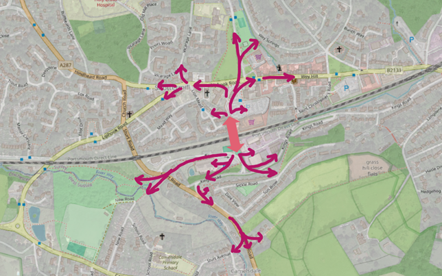 Map showing the proposed location of the pedestrian and cycle bridge between Tesco and the Herons Leisure Centre, provided by Haslemere Town Council