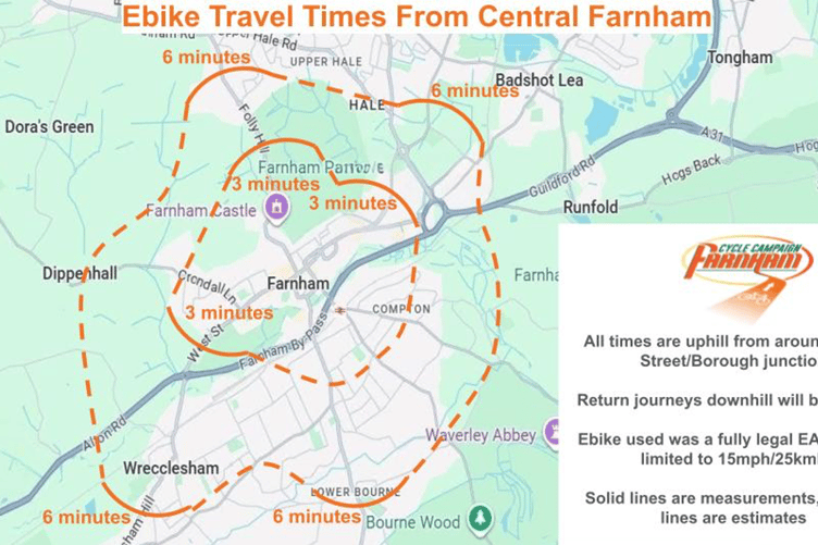 Farnham Cycle Campaign's graphic on e-bike travel times around Farnham.