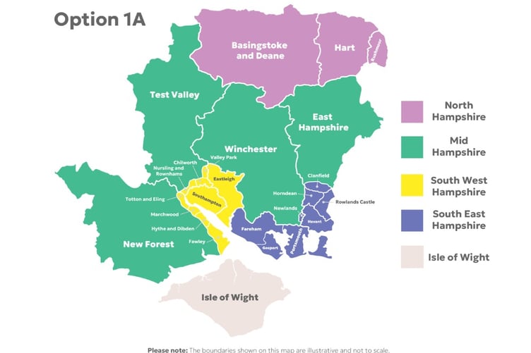 The second option for Hampshire with five authorities and boundary changes