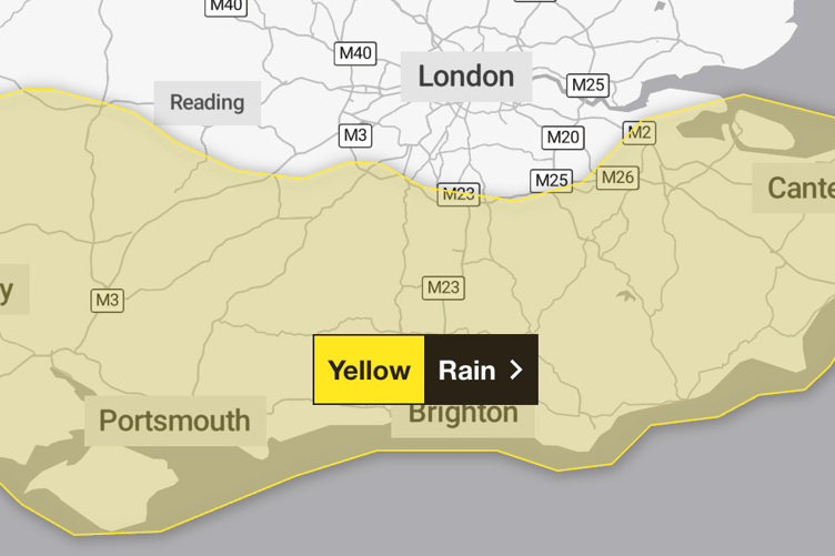The Met Office Yellow weather warning for Surrey and Hampshire.