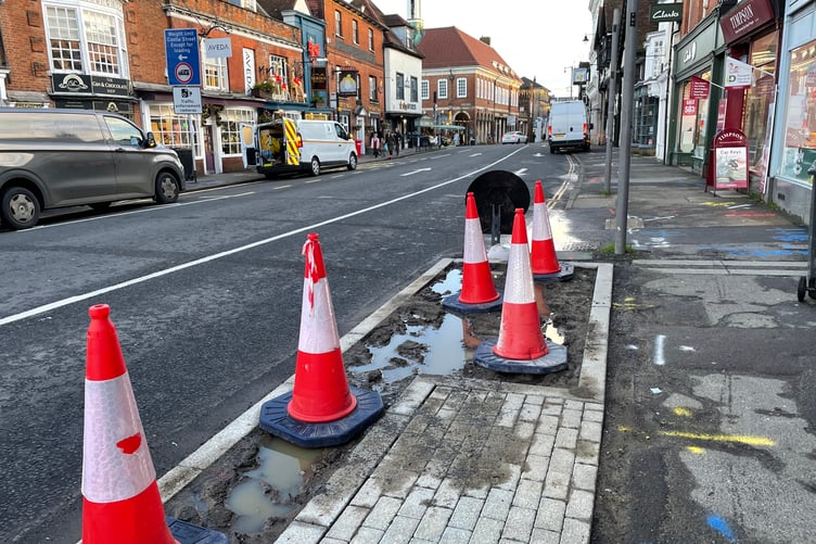 The mud-filled rain garden in The Borough in Farnham town centre.