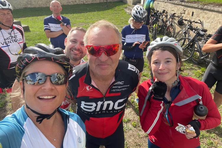 Phyllis Tuckwell’s Sarah Blake, Dr Robert Laing and Dr Fiona Barley on the Farnham-to-Paris cycle ride.