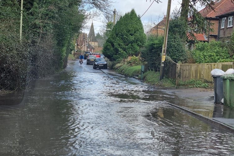 Flooding has left Bramshott roads awash, dubbed the ‘Bramshott Sea.’ Photo: Cllr Debbie Curnow-Ford