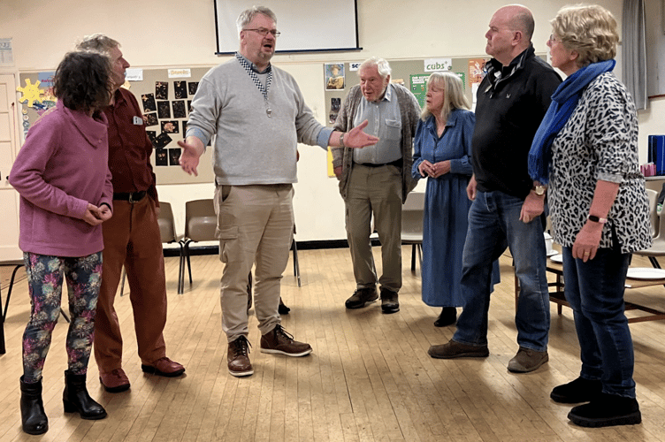 Players of Elstead Theatrical Society rehearsals for Rumours, February 2026.