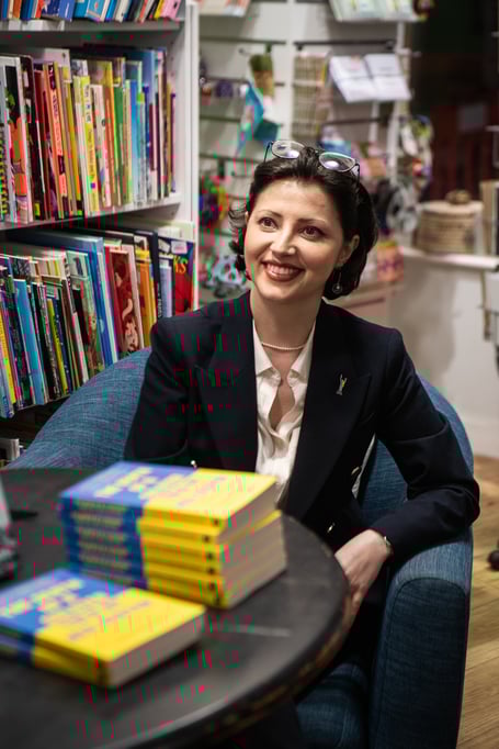 Olesya Khromeychuk signs copies of her book at Farnham Literary Festival 2026.