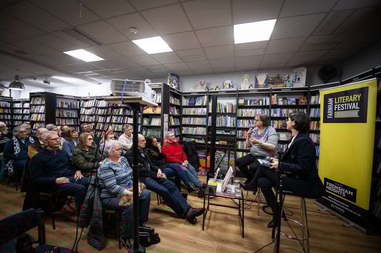 Hilary Roberts in conversation with Olesya Khromeychuk during Farnham Literary Festival 2026.