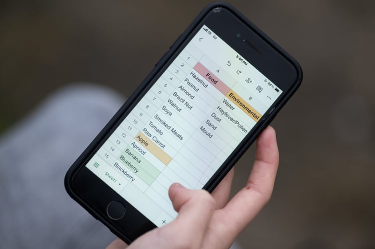 Chloe's excel spreadsheet of over 40 allergies. A woman with over 40 allergies - including WATER - has to use a colour-coded spread sheet to keep track of them all. Chloe Ramsay, 19, was born with lots of food allergies and would even go into anaphylactic shock after eating certain foods - such as bananas and potatoes. While she no longer ends up hospitalised from allergic reactions thanks to treatments in childhood, she currently has a list of 40 things that can cause her mouth and throat to swell up dangerously, or bring her skin up in hives. They include kiwis, strawberries, raspberries, blueberries and grapes.