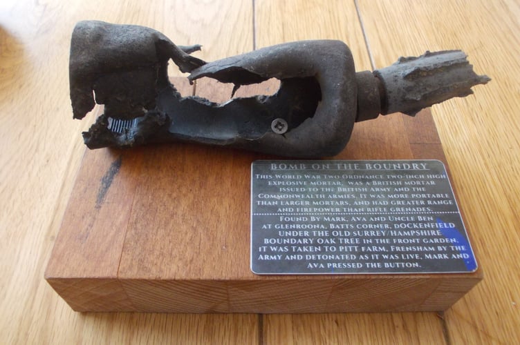 Second World War British mortar bomb found at Glenroona, Batts Corner, Boundary Road, Dockenfield on March 21st 2026. Picture taken April 17th 2026.