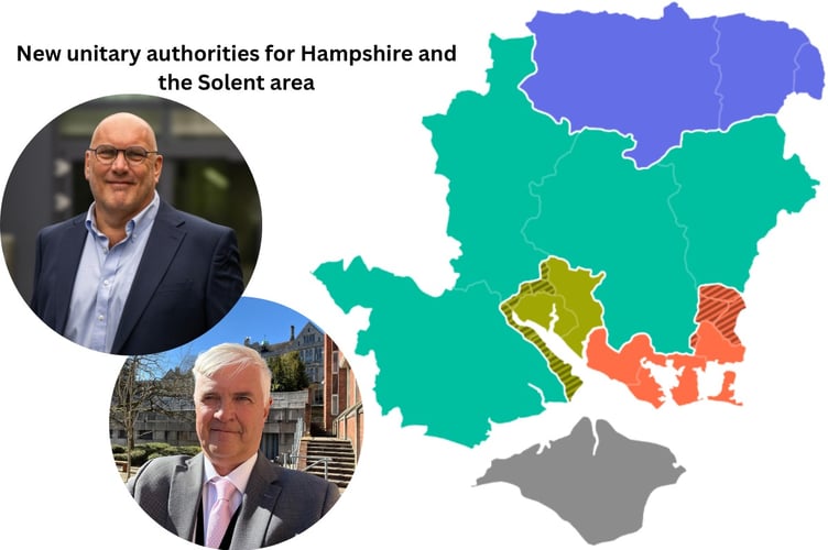 The new unitary authorities for Hampshire and the Solent area, with councillors Nick Adams-King and David Harrison inset.