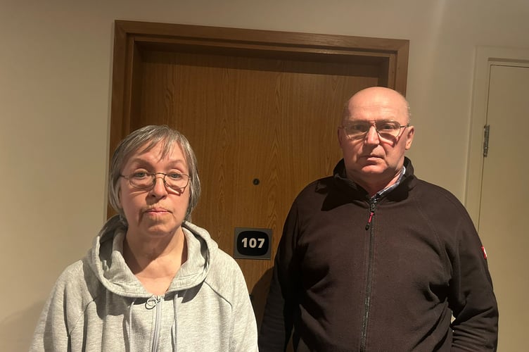 Valerii and Nataliia Safronova outside their emergency accommodation.