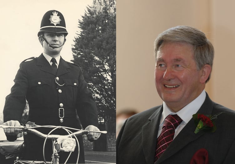 John Robini, pictured in his Surrey Police uniform during his long career in law enforcement, alongside a wedding photograph