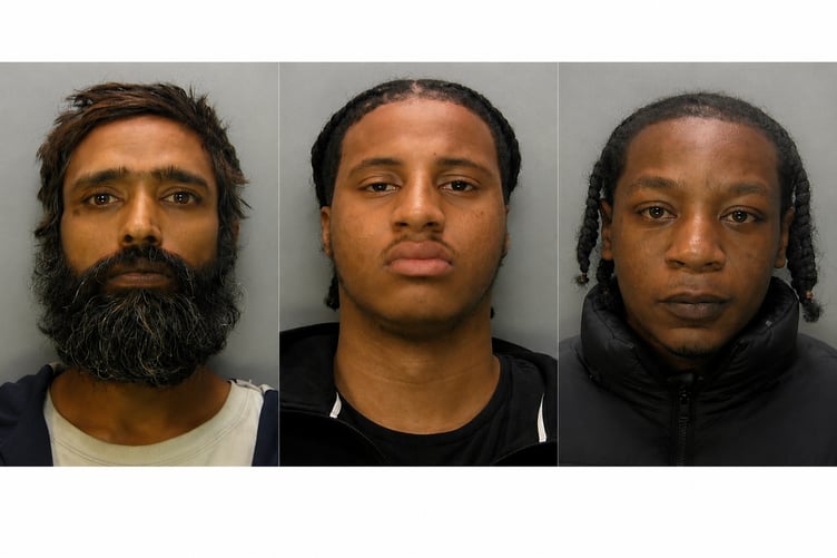Left to right, Amish Patel, Jaipaul Johnson and Kenan Mitchell, who were sentenced after Surrey Police dismantled a county lines drugs network.