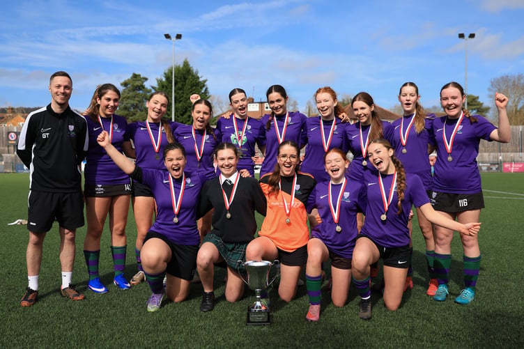 Weydon School's under-16 girls football team with the Surrey County Cup, June 2026.