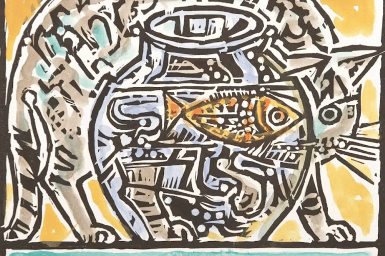Cat and Goldfish, a 1975 linocut by John Craxton.