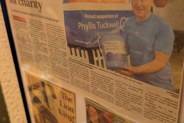 Newspaper cuttings about Ash pub landlord Mike Armitage.