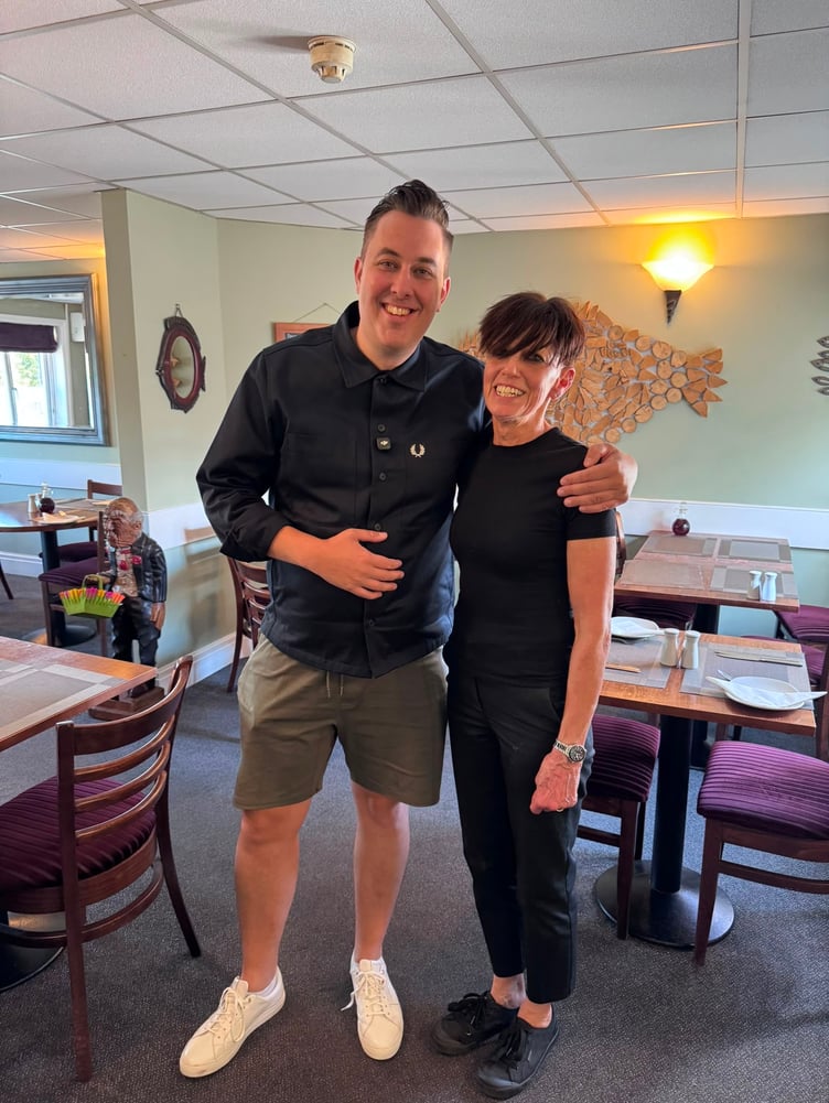Food influencer Robbie Thompson with Jane Hogben, the owner of Jane's Upstairs restaurant in West Byfeet.