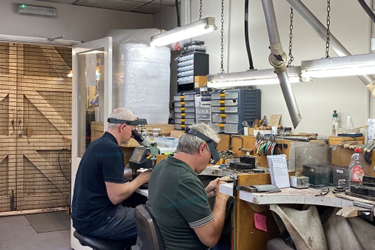 Craftsmen at work at Andre Noir jewellers in Farnham.